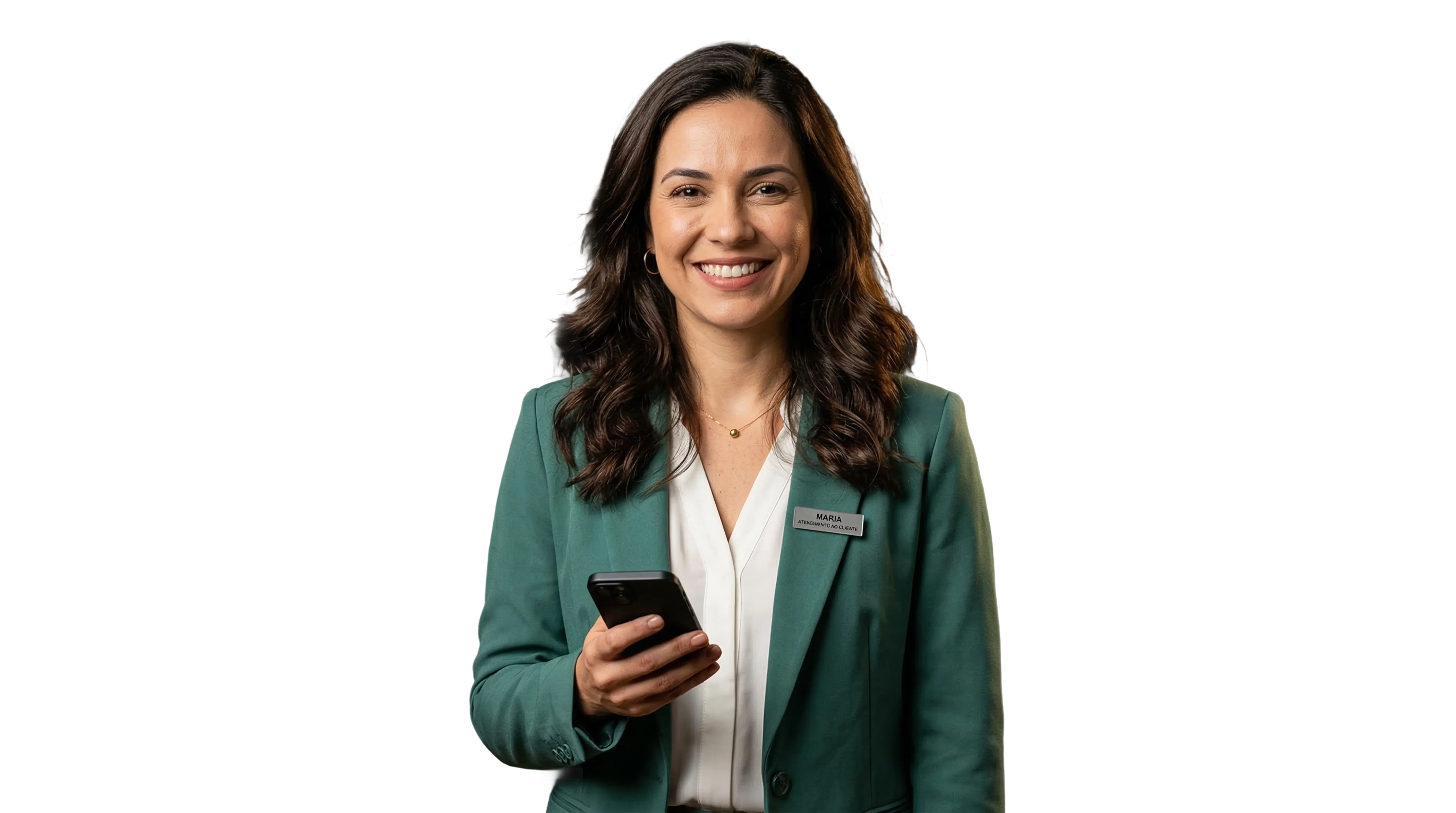 Especialista em atendimento ao cliente da Fidúcia, sorrindo e segurando um smartphone, pronta para te atender pelo whatsapp.